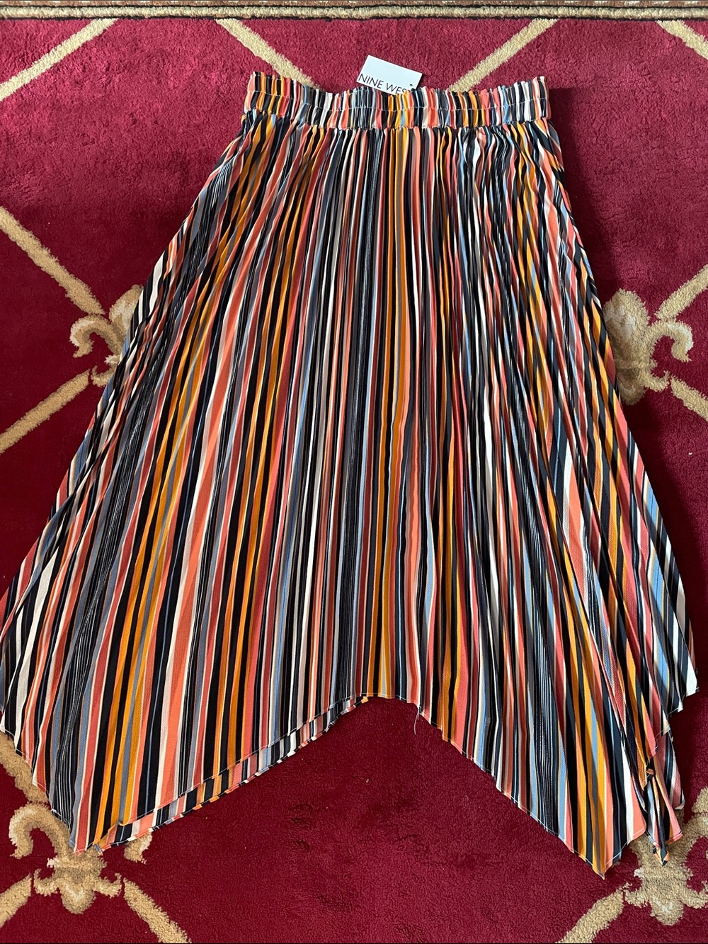 Nine West Striped Pleated Asymmetrical Skirt - Orange, Black, Pink, Blue, Cream